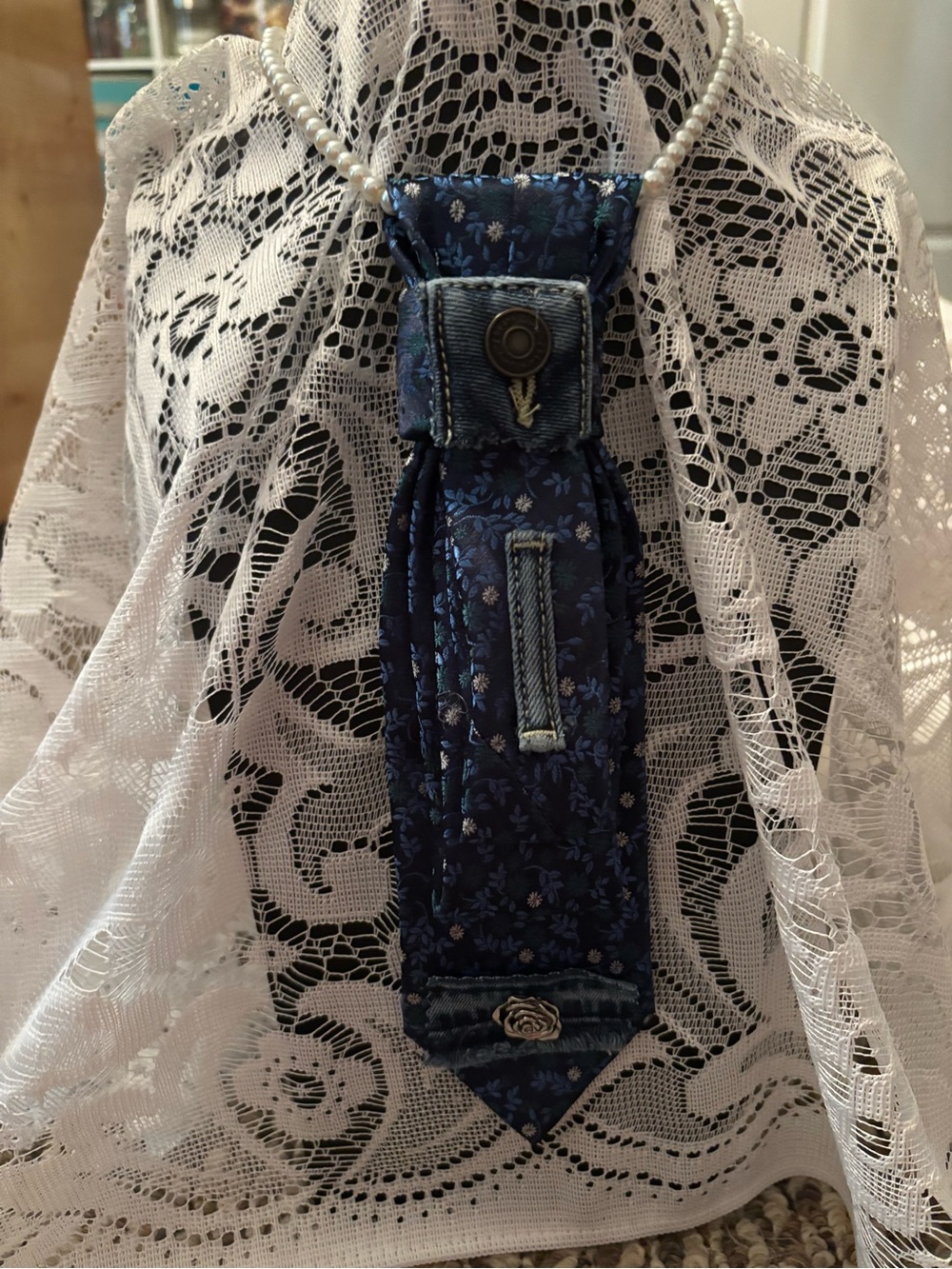 Women’s Necktie - Necklace Classic Navy Floral Design with Blue Jean Accents